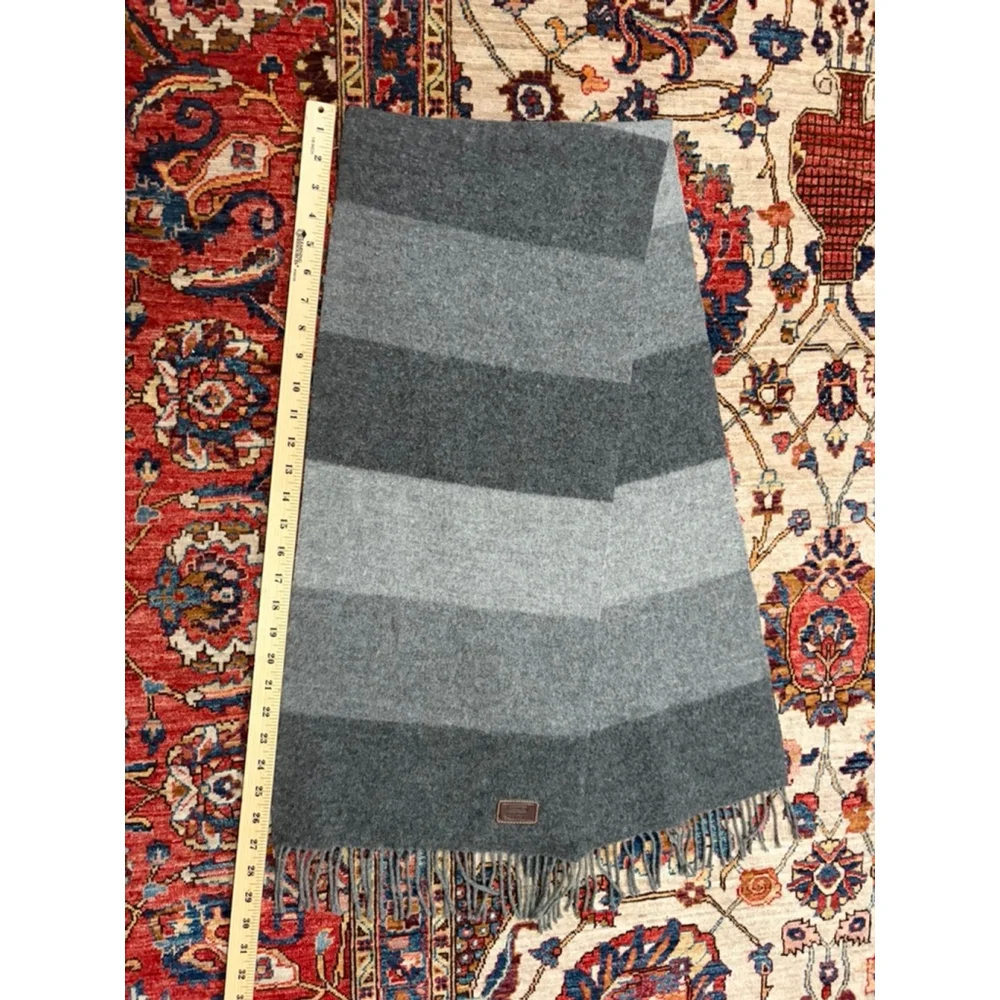 Coach 100% Lambswool Ombre Gray Stripe Fringe Scarf Made in Scotland Unisex Wint